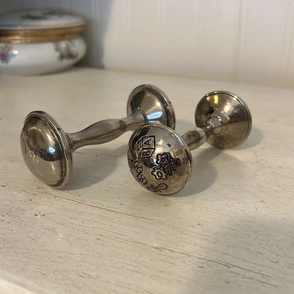 2 Vintage Silver & Silver plated baby rattles